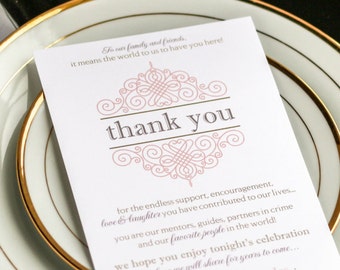 Reception Thank You Cards, Wedding Signage, Table Setting Card, Coral and Gold - "European Scroll" Reception Thank You Sign 5 x 7 - DEPOSIT