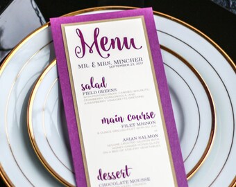 Dinner Menu, Reception Menus, Modern Wedding Menus, Plum and Gold, Purple Wedding - "Calligraphy Chic" Flat Menu, 2 Layers - DEPOSIT