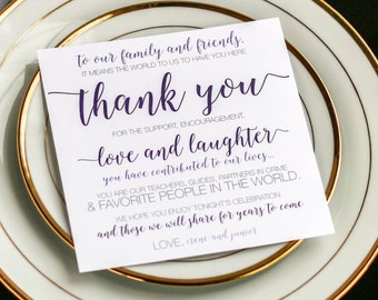 Purple and Grey Thank Yous, Thank You Place Card, Table Sign - "Whimsical Calligraphy" Reception Thank You Sign 5.25x5.25 - DEPOSIT