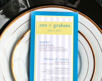 Blue and Yellow, Destination Wedding, Table Menu, Reception Decor, Beach Wedding, Dinner Menus - "Preppy Chic" Flat Menu, 2 Layers - DEPOSIT