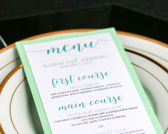 Mint, Seafoam Green and Grey Wedding Menu, Reception Decor, Modern Calligraphy Menu - "Whimsical Calligraphy" Flat Menu, 1 Layer - DEPOSIT