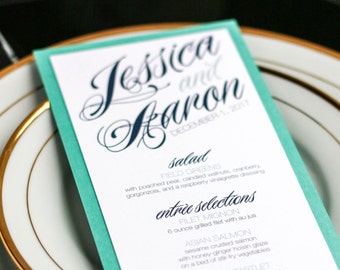 Aqua and Navy Menus, Event Menus, Reception Stationery, Bat Mitzvah Stationery, Modern Menu - "Sweeping Script" Flat Menu, 1 Layer - DEPOSIT