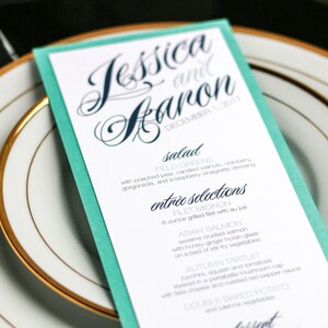 Aqua and Navy Menus, Event Menus, Reception Stationery, Bat Mitzvah Stationery, Modern Menu - "Sweeping Script" Flat Menu, 1 Layer - DEPOSIT