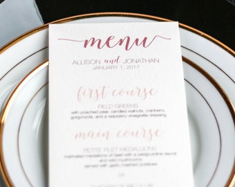 Rose and Blush Reception Menus, Calligraphy Wedding Dinner Menus, Elegant Menu Card - "Whimsical Calligraphy" Flat Menu, No Layers - DEPOSIT