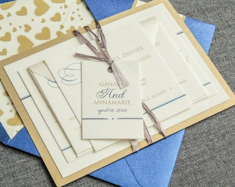 Blue and Gold Wedding Invitation, Winter Wedding Invitation Printed Set, Classic Hearts Invite Suite -"Romantic Flourish" FP-1L-v3 SAMPLE