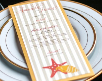 Tropical Wedding, Wedding Dinner Menus, Striped Menu Cards, Coral and Gold Beach Wedding - "Starfish and Shell" Flat Menu, 1 Layer - DEPOSIT