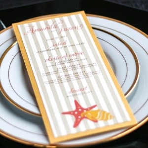 Tropical Wedding, Wedding Dinner Menus, Striped Menu Cards, Coral and Gold Beach Wedding - "Starfish and Shell" Flat Menu, 1 Layer - DEPOSIT