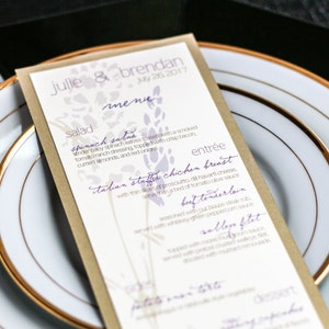 Rustic Wedding Dinner Menus, Purple and Gold, Table Setting, Rustic Decor, Outdoor Wedding - "Graceful Botanic" Flat Menu, 1 Layer - DEPOSIT