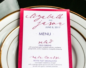 Calligraphy Invitations, Modern Wedding, Dinner Menu, Wedding Menus, Hot Pink and Purple - "Modern Calligraphy" Flat Menu, 1 Layer - DEPOSIT