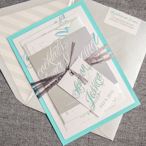 Blue and Silver Invitation, Winter Wedding Invitation, Calligraphy Wedding Invites, Invitation Suite  - "Sweeping Script" FP-1L-v1 SAMPLE