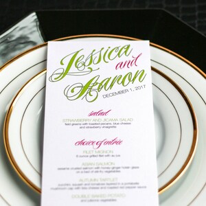 Calligraphy Wedding Menus, Modern Invitations, Lime Green, Hot Pink Invite, Modern Menu - "Sweeping Script" Flat Menu, No Layer - DEPOSIT