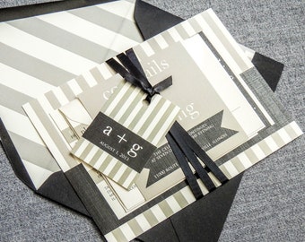 Striped Wedding Invitation, Black and White Invitations, Modern Wedding Invitations, Simple Invitation Set - "Preppy Chic" FP-NL-v1 SAMPLE