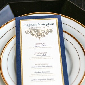 Gold and Navy Blue, Wedding Menus, European Rustic, Traditional Wedding, Dinner Menu - "European Scroll" Flat Menu, 2 Layers - DEPOSIT