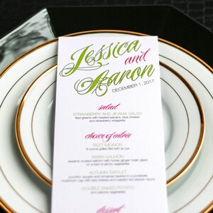 Green and Pink Wedding Menus, Event Menus, Modern Reception Stationery, Calligraphy Invite - "Sweeping Script" Flat Menu, No Layer - DEPOSIT