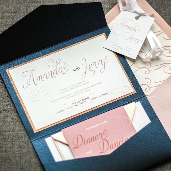 Navy and Rose Gold Wedding Invitations, Blush and Navy Invitation, Custom Printed Invitation Set - "Modern Swirl & Flourish" PF-1L-v1 SAMPLE