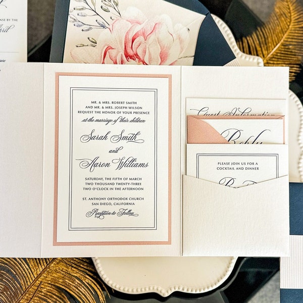 Formal Calligraphy Pocket Wedding Invitation, Custom Navy and Cream Floral Invites, Pocketfold Invitations - Timeless Romantic PF-1L SAMPLE