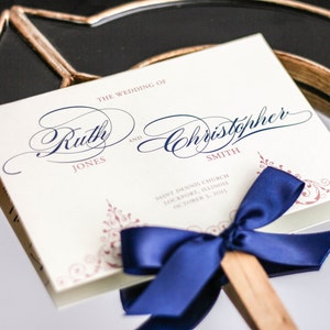 Pink and Navy Ceremony Programs, Fan Programs, Formal Event, Navy Blue Stationery, Scroll Design Delicate Filigree Fan Program DEPOSIT image 1