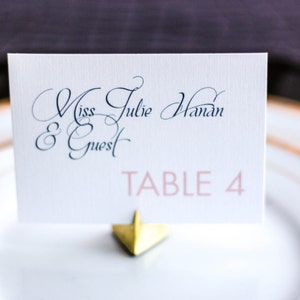 Navy Blue and Coral Placecards, Event Seating Cards, Banquet Dinner, Reception Placecards - "Dramatic Script" Flat Placecard v2 - DEPOSIT