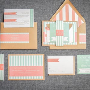 Coral and Mint Wedding Invitation Printed, Beach Wedding Invitation, Mint Green Invitation, Destination Idea - "Preppy Chic" FP-1L-v3 SAMPLE image 3