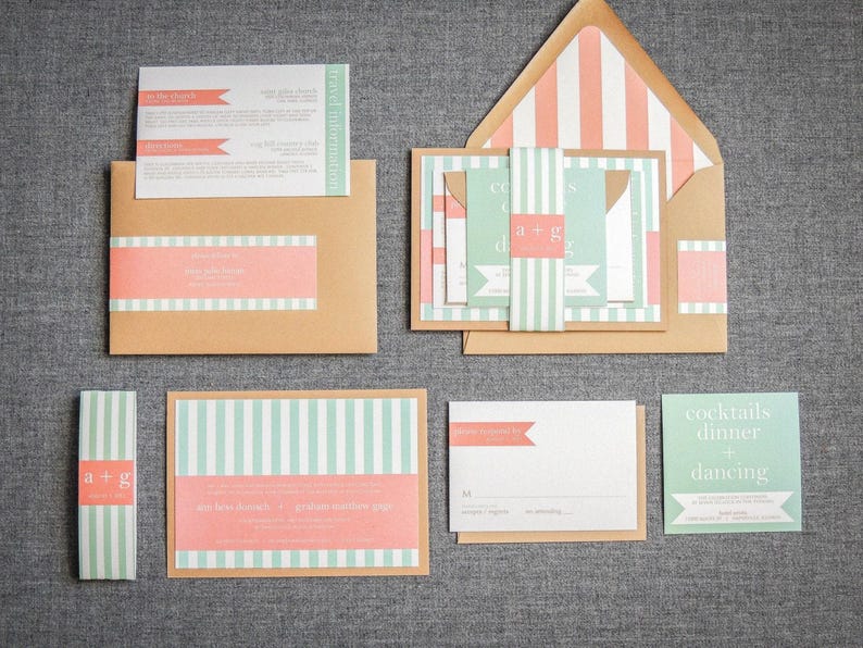 Coral and Mint Wedding Invitation Printed, Beach Wedding Invitation, Mint Green Invitation, Destination Idea - "Preppy Chic" FP-1L-v3 SAMPLE image 3