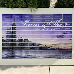 Tarjeta de lugar para boda, plano de asientos con foto, tema de fotografía de Skyline - Tablero de doble capa de 61 x 91 cm - Capacidad para 100 tarjetas - DEPÓSITO