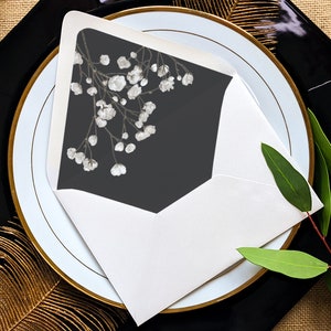 Black and White Modern Floral Envelopes with Liners, Sophisticated Wedding Invites, Printed Flower Design - Black Branches A7 Envelope Liner