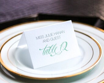 Classic Tented Wedding Placecards, Aqua Folded Place Setting Cards, Elegant Table Setting - "Sweeping Script" Tented Placecard v3- DEPOSIT