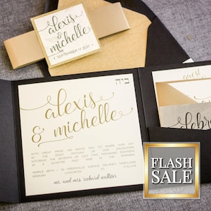 Black and Gold Wedding Invitations, New Years Eve Modern Glitter Invitation, Bat Mitzvah Pocketfold Invites - Playful Calligraphy SAMPLE