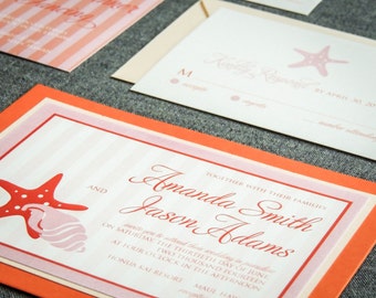 Coral and Orange Wedding Invitations, Beach / Destination Wedding, Blush,  Pink, Gold - "Starfish & Shell" FP-2L-v1 SAMPLE