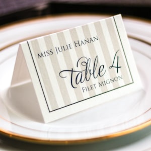 Nautical Wedding Reception Decor, Beach Wedding Meal Placecards, Blue and Sand Stripes - "Starfish and Shell" Tented Placecard v2 - DEPOSIT