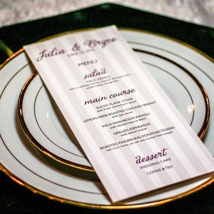 Striped Wedding Menus, Modern Invites, Beach, Plum Invitations, Reception Menus - "Sophisticated Stripe" Flat Menu, No Layers - DEPOSIT