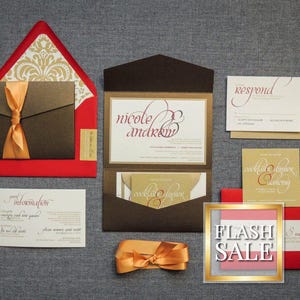 Gold Wedding Invitations, Dramatic Invitation Suite, Gold Pocket Wedding Invitation, Indian Wedding Card - "Dramatic Script" PF-1L-v3 SAMPLE