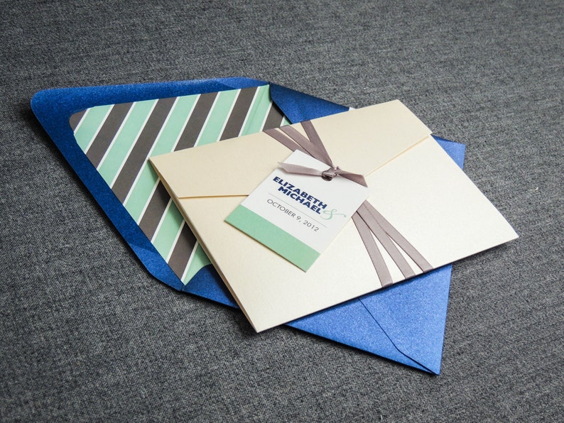 Mint Wedding Invitations, Pocketfold Invitations, Modern Invites, Destination Wedding Invitation - "Bold Striped" PF-1L-v1 SAMPLE image 3