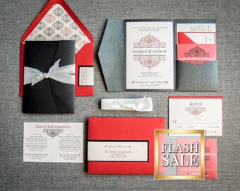 Gothic Wedding Invitation, Vintage Black and Red Style, Formal Event | Sample of "European Scroll" Design