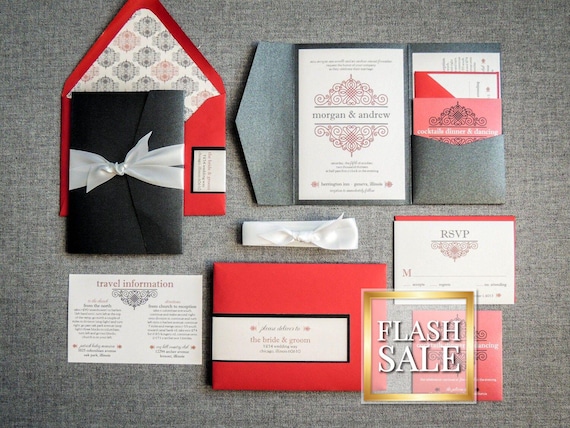 Gothic Wedding Invitation, Vintage Black and Red Style, Formal Event | Sample of "European Scroll" Design