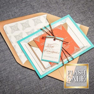 Turquoise Wedding Invitation, Destination Wedding Invites, Orange and Blue Wedding, Rustic Invites - &quot;Delicate Filigree&quot; FP-1L-v3 SAMPLE