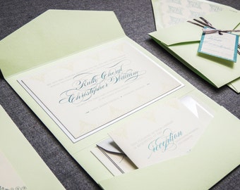 Greenery Wedding Invitation, Garden Wedding Invites, Elegant Spring Wedding Invite, Pocketfold Suite - "Delicate Filigree" PF-1L-v3 SAMPLE