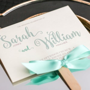 Calligraphy Fan Programs, Wedding Ceremony Programs, Beach Wedding, Blue and Taupe, Fun Script - "Calligraphy Chic" Fan Program - DEPOSIT