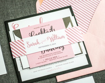 Blush and Black Invitations, Pink Bat Mitzvah Invitaitons, Blush Pink Modern Wedding Invitation - "Calligraphy Chic"  FP-1L-v2 SAMPLE