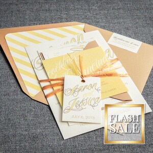 May include: A wedding invitation suite with a yellow and white striped pattern. The invitation is tied with a brown ribbon and has the text "Baron and Jessica" and "July 6, 2013".