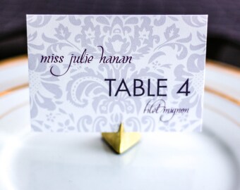 Purple Wedding Placecards, Damask Place Cards, Wedding Reception Escort Card, Luxury Wedding - "Dramatic Script" Flat Placecard v3 - DEPOSIT