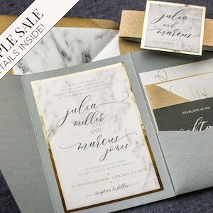 Wedding Invitation, Marble and Gold Foil Invitations, Calligraphy Script Pocketfold with Glitter, Luxury Set - Modern Elegance PF-1L SAMPLE