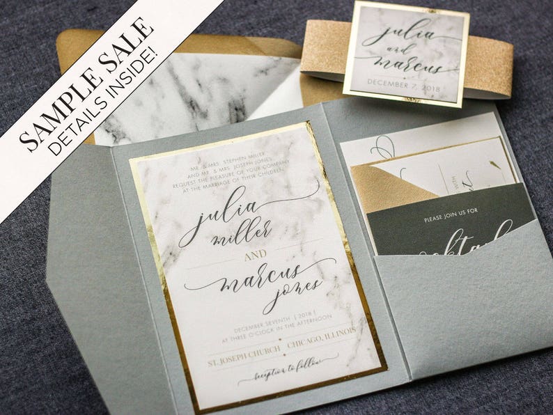 Wedding Invitation, Marble and Gold Foil Invitations, Calligraphy Script Pocketfold with Glitter, Luxury Set Modern Elegance PF-1L SAMPLE image 1