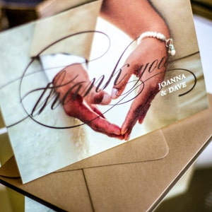 Luxury Stationery, Wedding Thank You Card, Elegant Thank You, Bronze and Tan - "Delicate Filigree" Folded Photo Thank You Cards - DEPOSIT