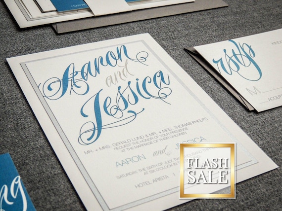 Teal Wedding Invitation, Modern Wedding Invites, Blue and Grey Invitations, Bday Party Invitation Suite - "Sweeping Script" FP-2L-v1 SAMPLE