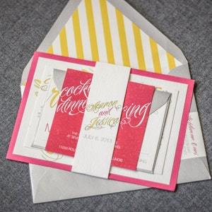 Pink and Yellow Wedding Invitations, Stripes Modern Invitation Set, Bat Mitzvah Calligraphy Invitations - "Sweeping Script" FP-1L-v3 SAMPLE