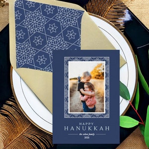 Jeu de cartes Happy Hanoucca avec photo de famille, carte personnalisée de Hanoucca pour les fêtes, cartes traditionnelles de Hanoucca, bleu et or, cartes étoile de David