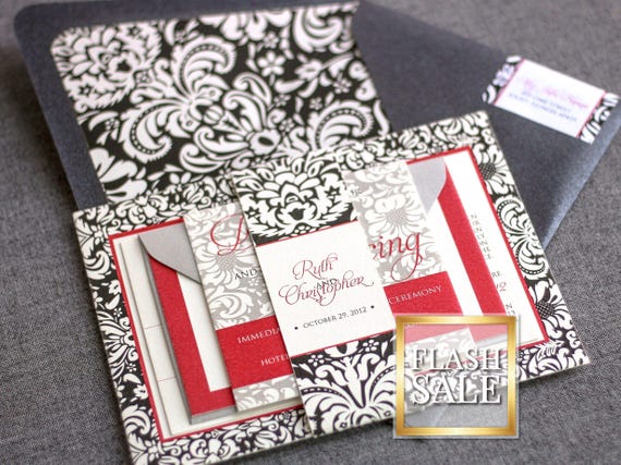 Winter Floral Invitations, Black and White Invitation Suite, Red and Black Gothic Invitations - "Sophisticated Damask Border" FP-NL SAMPLE