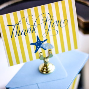 Beach Wedding Thank You, Destination Wedding Stationery, Striped Blue and Yellow - "Starfish and Shell Beach" Flat Thank You Cards - DEPOSIT