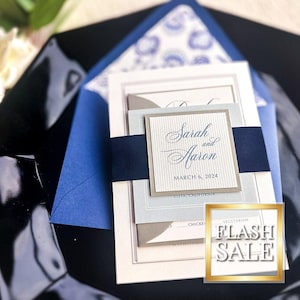 Classic Royal Blue and White Wedding Invitations with Navy Velvet Band and Asian Chinoiserie Floral Pattern - Timeless Romantic FP-NL SAMPLE
